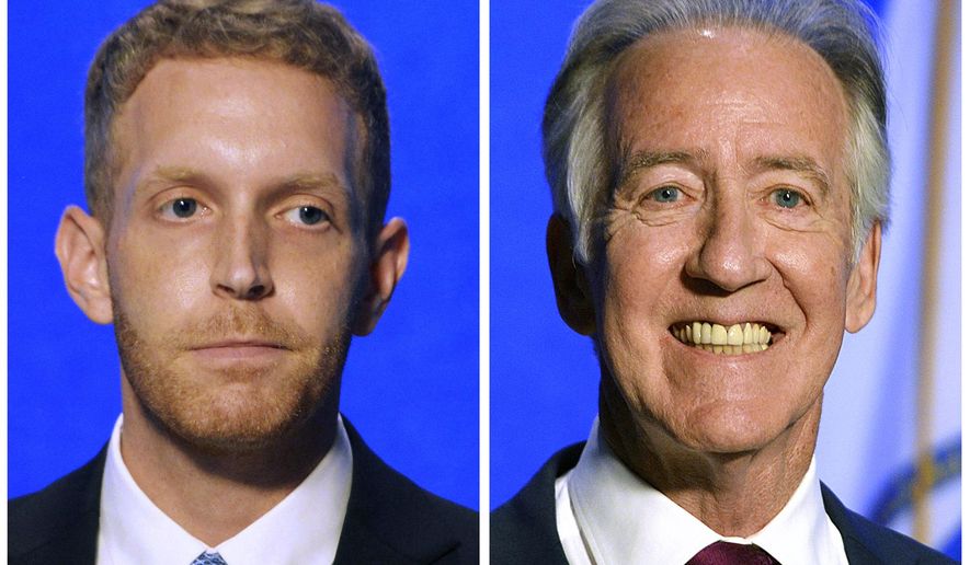 FILE - In this pair of Aug. 17, 2020, file photos, Holyoke Mayor Alex B. Morse, left, and U.S. Rep. Richard E. Neal, D-Springfield, right, wait for the start of a debate in Springfield, Mass. Morse is a candidate and Neal is the incumbent in Massachusetts' 1st congressional district in the Sept. 1 Democratic primary election. (Don Treeger/The Republican via AP, File)
