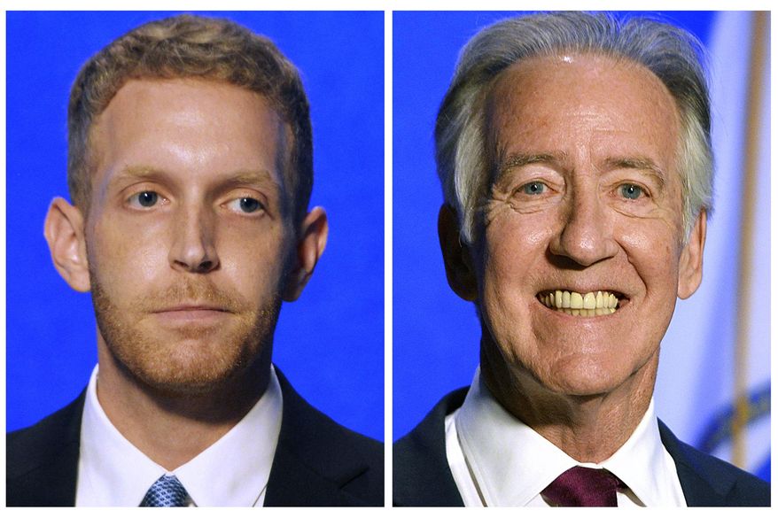 FILE - In this pair of Aug. 17, 2020, file photos, Holyoke Mayor Alex B. Morse, left, and U.S. Rep. Richard E. Neal, D-Springfield, right, wait for the start of a debate in Springfield, Mass. Morse is a candidate and Neal is the incumbent in Massachusetts' 1st congressional district in the Sept. 1 Democratic primary election. (Don Treeger/The Republican via AP, File)