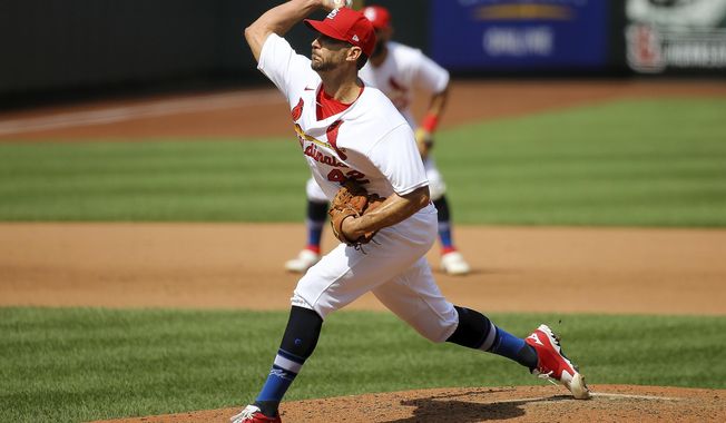 St. Louis Cardinals starting pitcher Adam Wainwright (50) delivers during the fifth inning of a baseball game against the Cleveland Indians Sunday, Aug. 30, 2020, in St. Louis. (AP Photo/Scott Kane)