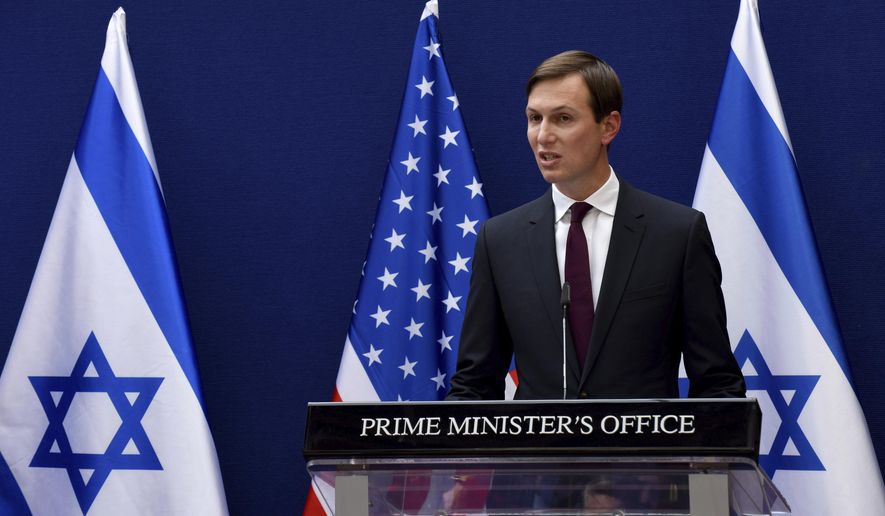 White House adviser Jared Kushner and Israeli Prime Minister Benjamin Netanyahu, make joint statements to the press about the Israeli-United Arab Emirates peace accords, in Jerusalem, Sunday, Aug. 30, 2020. Kushner is trumpeting the recent agreement by Israel and the United Arab Emirates to establish diplomatic relations as a historic breakthrough and said “the stage is set” for other Arab states to follow suit. (Debbie Hill/Pool Photo via AP)