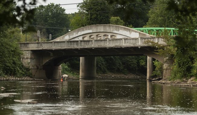 Aquatic biologist Joe Rathbun searches the Red Cedar River near the Okemos Bridge in Meridian Township, Mich. for mussels, Tuesday, Aug. 25, 2020. The mussels are being moved to another area on the river before the county tears down and replaces the historic concrete camelback bridge. (Matthew Dae Smith/Lansing State Journal via AP)