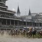 FILE - In this Saturday, May 4, 2019 file photo, Flavien Prat on Country House, third from right, races against Luis Saez on Maximum Security, right, during the 145th running of the Kentucky Derby horse race at Churchill Downs in Louisville, Ky. Maximum Security finished first but was disqualified. The fastest two minutes in sports will also be the quietest in Kentucky Derby history. Churchill Downs scraped plans earlier this month for 23,000 physically distanced, masked fans to attend Saturday&#39;s rescheduled Tripled Crown race due to the rise in coronavirus cases. It will be the first time spectators will not be allowed to attend the race.(AP Photo/Darron Cummings, File)