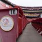 The former logo for the Washington football team is seen on the sides of the seats before an NFL football practice at FedEx Field, Monday, Aug. 31, 2020, in Washington. (AP Photo/Alex Brandon)
