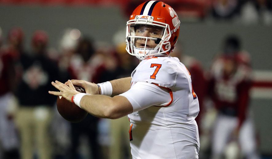 FILE - In this Saturday, Nov. 9, 2019, file photo, Clemson's Chase Brice (7) passes the ball against North Carolina State during the second half of an NCAA college football game in Raleigh, N.C. Brice, who backed up Trevor Lawrence at Clemson the last two seasons, has graduated from Clemson and now heads to Durham to start graduate school at Duke with two seasons of college eligibility remaining. (AP Photo/Karl B DeBlaker, File)