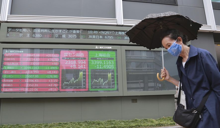 A woman walks by an electronic stock board of a securities firm in Tokyo, Wednesday, Sept. 2, 2020. Asian shares were mixed on Wednesday after another U.S. rally spurred by positive economic data, even while the coronavirus pandemic has regions around the world battling recessions. (AP Photo/Koji Sasahara)
