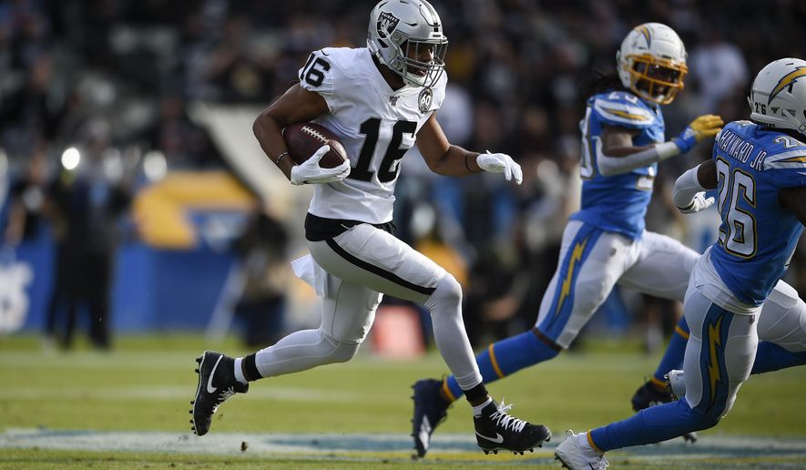 FILE - In this Dec. 22, 2019, file photo, Oakland Raiders wide receiver Tyrell Williams runs against the Los Angeles Chargers during the first half of an NFL football game in Carson, Calif. Las Vegas Raiders' Williams has a torn labrum in his shoulder that he will try to play through this season. A person with knowledge of the injury confirmed that Williams got hurt in practice last week. The person spoke on condition of anonymity because the team has not made any announcement. (AP Photo/Kelvin Kuo, File)