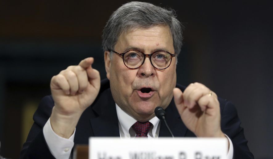In this May 1, 2019, file photo, Attorney General William Barr testifies during a Senate Judiciary Committee hearing on Capitol Hill in Washington, on the Mueller Report. (AP Photo/Andrew Harnik) ** FILE **