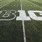 In this Aug. 31, 2019, file photo, the Big Ten logo is displayed on the field before an NCAA college football game between Iowa and Miami of Ohio in Iowa City, Iowa. Big Ten presidents voted 11-3 to postpone the football season until spring, bringing some clarity to a key question raised in a lawsuit brought by a group of Nebraska football players. The vote breakdown was revealed Monday, Aug. 31, 2020, in the Big Ten&#39;s court filing in response to the lawsuit. (AP Photo/Charlie Neibergall, File)  **FILE**