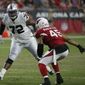 In this Aug. 15, 2019, file photo, Oakland Raiders offensive tackle David Sharpe (72) looks to block as Arizona Cardinals linebacker Pete Robertson (45) defends during the first half of an an NFL football game in Glendale, Ariz. Washington has acquired offensive tackle David Sharpe in a trade with the Las Vegas Raiders. Washington traded a 2021 sixth-round pick to Las Vegas for Sharpe and a 2021 seventh-rounder. (AP Photo/Rick Scuteri, File)  **FILE**