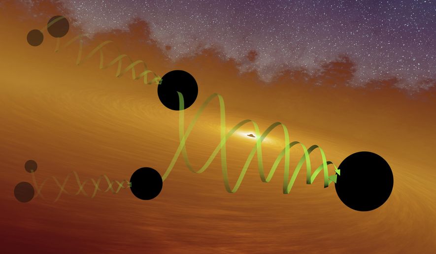 This illustration provided by LIGO/Caltech in September 2020 depicts two black holes of about 66 and 85 solar masses spiralling into each other to form the GW190521 black hole. Gravitational waves from the merger were detected by the LIGO and Virgo observatories in May 2019. (LIGO/Caltech/MIT/R. Hurt (IPAC) via AP)