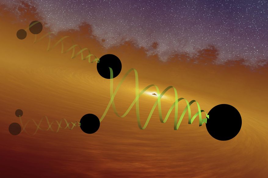 This illustration provided by LIGO/Caltech in September 2020 depicts two black holes of about 66 and 85 solar masses spiralling into each other to form the GW190521 black hole. Gravitational waves from the merger were detected by the LIGO and Virgo observatories in May 2019. (LIGO/Caltech/MIT/R. Hurt (IPAC) via AP)