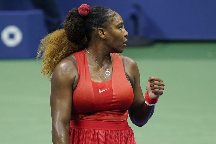Serena Williams, of the United States, reacts after beating Kristie Ahn, of the United States, during the first round of the US Open tennis championships, Tuesday, Sept. 1, 2020, in New York. (AP Photo/Seth Wenig)