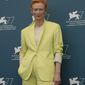 Actress Tilda Swinton poses during the photo call for the movie &#39;The human voice&#39; during the 77th edition of the Venice Film Festival at the Venice Lido, Italy, Thursday, Sep. 3, 2020. The Venice Film Festival goes from Sept. 2 through Sept. 12. Italy was among the countries hardest hit by the coronavirus pandemic, and the festival will serve as a celebration of its re-opening and a sign that the film world, largely on pause since March, is coming back as well. (AP Photo/Domenico Stinellis)