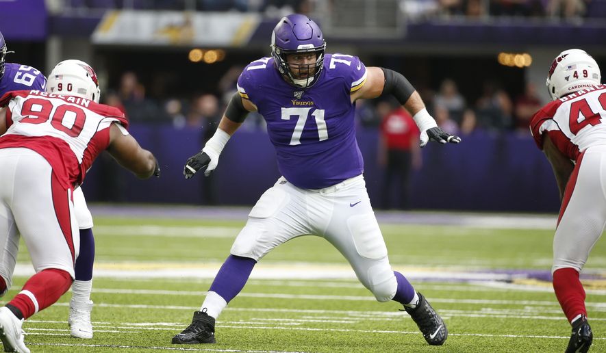 FILE - Minnesota Vikings offensive tackle Riley Reiff (71) looks to make a block during the first half of an NFL preseason football game against the Arizona Cardinals, Saturday, Aug. 24, 2019, in Minneapolis. Minnesota&#39;s offensive line remains a work in progress, but the Vikings have a trusted teacher to follow in Rick Dennison. (AP Photo/Bruce Kluckhohn, File)