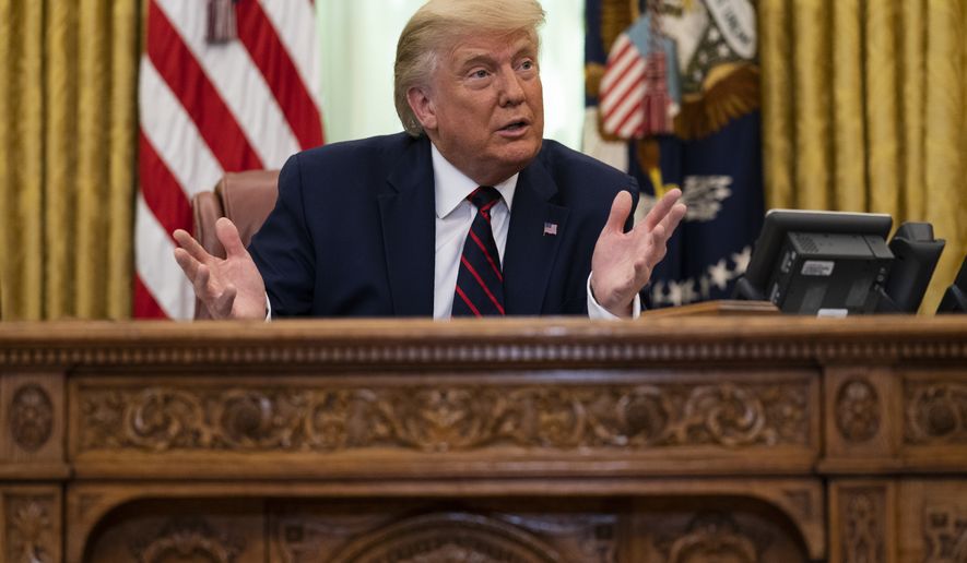 President Donald Trump speaks during a signing ceremony with Serbian President Aleksandar Vucic and Kosovar Prime Minister Avdullah Hoti, in the Oval Office of the White House, Friday, Sept. 4, 2020, in Washington. (AP Photo/Evan Vucci)