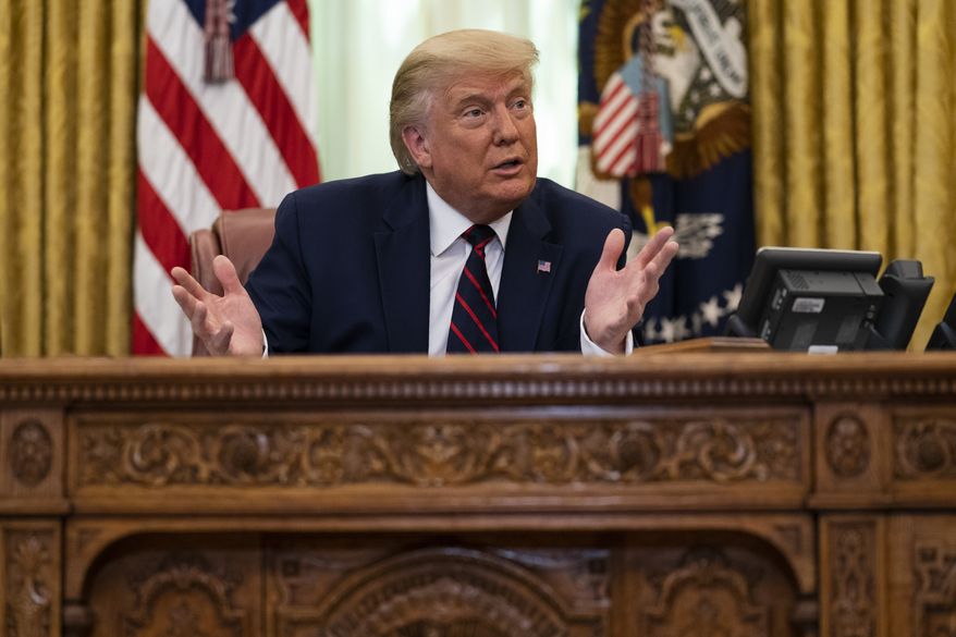 President Donald Trump speaks during a signing ceremony with Serbian President Aleksandar Vucic and Kosovar Prime Minister Avdullah Hoti, in the Oval Office of the White House, Friday, Sept. 4, 2020, in Washington. (AP Photo/Evan Vucci)
