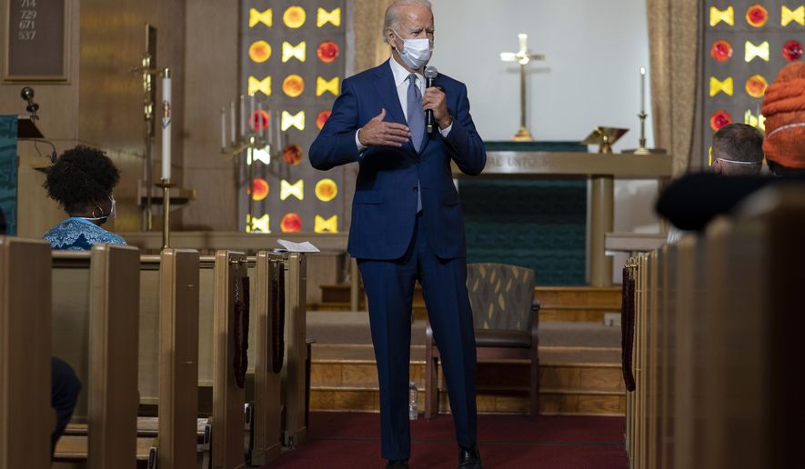 Democratic presidential candidate former Vice President Joe Biden speaks during a community event at Grace Lutheran Church in Kenosha Wis., Thursday, Sept. 3, 2020. (AP Photo/Carolyn Kaster)