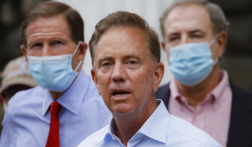 FILE- In this Aug. 7, 2020, file photo, Connecticut Gov. Ned Lamont addresses the media in Westport, Conn. During a coronavirus briefing on Thursday, Aug. 20, 2020, Lamont said the Connecticut Department of Labor will be applying for a federal program that could lead to $300 in additional weekly unemployment benefits for certain recipients who've lost work because of the coronavirus pandemic. (AP Photo/John Minchillo, File)