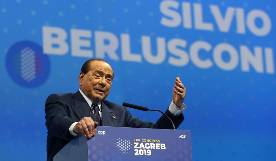 In this Nov. 21, 2019, file photo, Silvio Berlusconi, Italian former premier and president of Forza Italia (Go Italy) party speaks during the European Peoples Party (EPP) congress in Zagreb, Croatia. Sen. Lucia Ronzulli, who is a top aide to Silvio Berlusconi told RAI state TV Friday, Sept. 4, 2020, that the former premier was admitted to a Milan hospital early Friday as a precaution to monitor his coronavirus infection after testing positive for COVID-19 earlier in the week. (AP Photo/Darko Vojinovic, file)