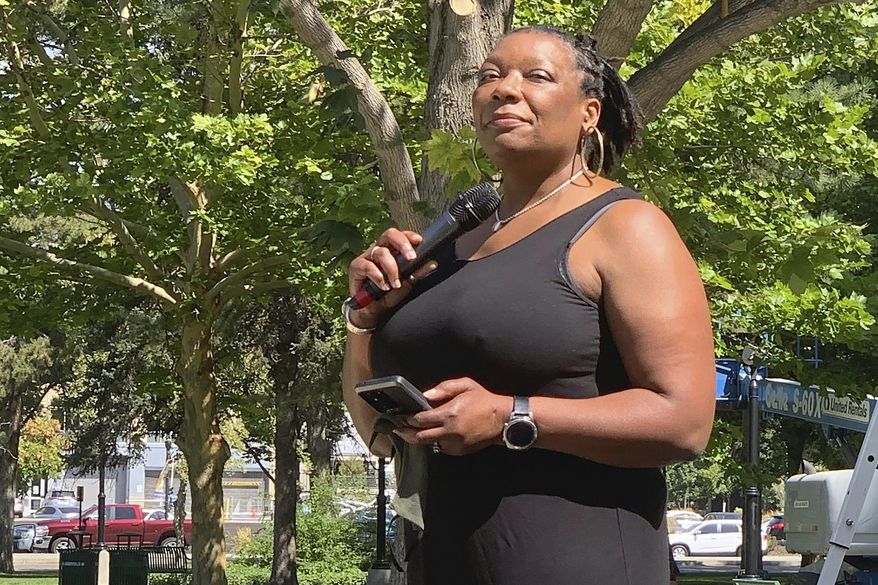 Black community activist Darlene McDonald speaks at a rally commemorating the 57th anniversary of the March on Washington on Aug. 28, 2020, in downtown Salt Lake City. (Ben Winslow/ KSTU, via AP)