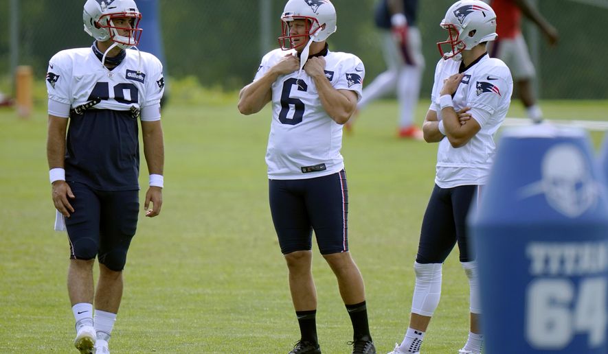 New England Patriots Long snapper Joe Cardona (49) kicker Nick Folk (6) and punter Jake Bailey, right, confer during an NFL football training camp practice, Tuesday, Aug. 25, 2020, in Foxborough, Mass. (AP Photo/Steven Senne, Pool)