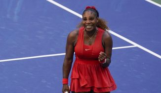 Serena Williams, of the United States, reacts after defeating Sloane Stephens, of the United States, during the third round of the US Open tennis championships, Saturday, Sept. 5, 2020, in New York. (AP Photo/Seth Wenig)  **FiLE**
