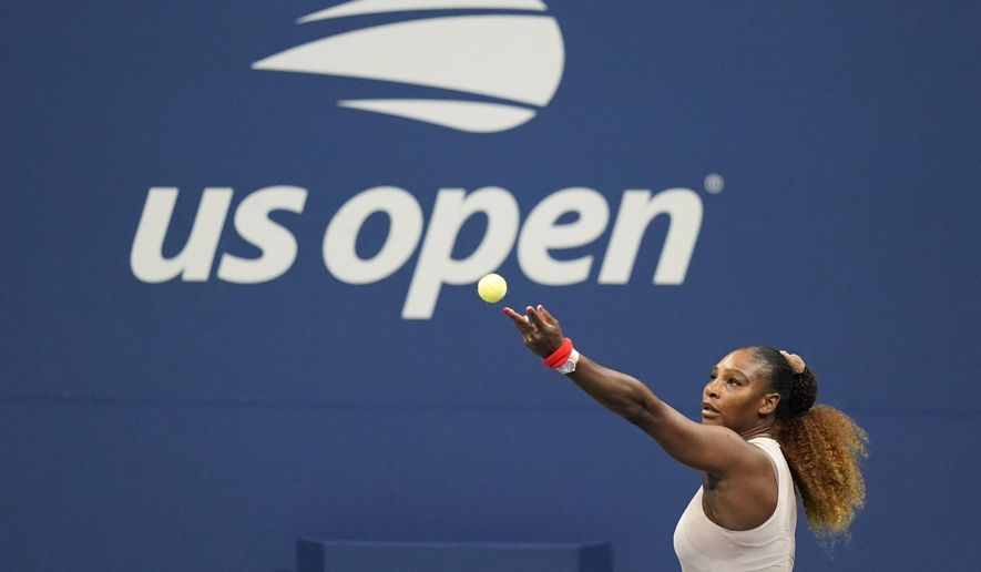 Serena Williams, of the United States, serves to Margarita Gasparyan, of Russia, during the third round of the U.S. Open tennis championships, Thursday, Sept. 3, 2020, in New York. (AP Photo/Frank Franklin II)
