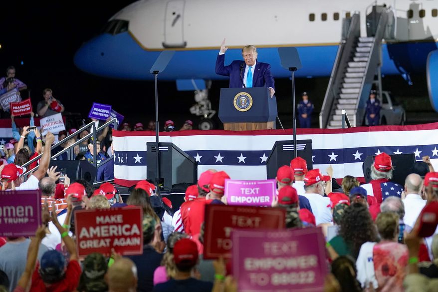 President Trump is running again on a message of law and order. He&#39;s also keeping the volume turned up against the news media.
addresses a crowd at a campaign event at the Arnold Palmer Regional Airport, Thursday, Sept. 3, 2020, in Latrobe, Pa. (AP Photo/Keith Srakocic) (Associated Press)