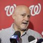 In this Jan. 11, 2020, file photo, Washington Nationals general manager Mike Rizzo talks with members of the media during the team&#39;s &amp;quot;Winterfest&amp;quot; baseball fan festival in Washington. The  Nationals and Rizzo finalized a multiyear contract extension Saturday, Sept. 5, 2020. The 59-year-old Rizzo, who also holds the title of president of baseball operations, built the team that won the 2019 World Series championship. (AP Photo/Sait Serkan Gurbuz, File) **FILE**