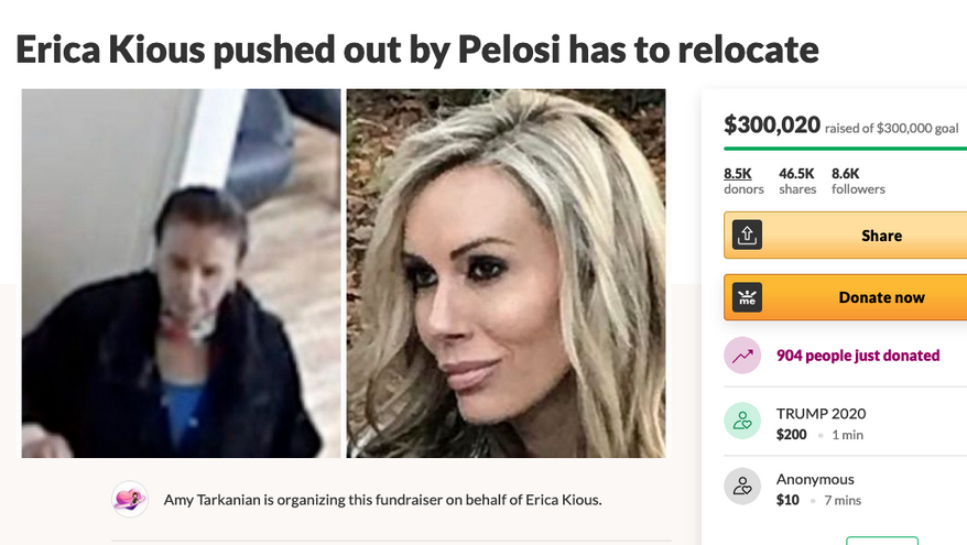 An image of the fundraiser for Erica Kious, the hairdresser who had an encounter with House Speaker Nancy Pelosi in recent days. The fundraiser met its goal of $300,000 on Monday afternoon. (Image from GoFundMe)