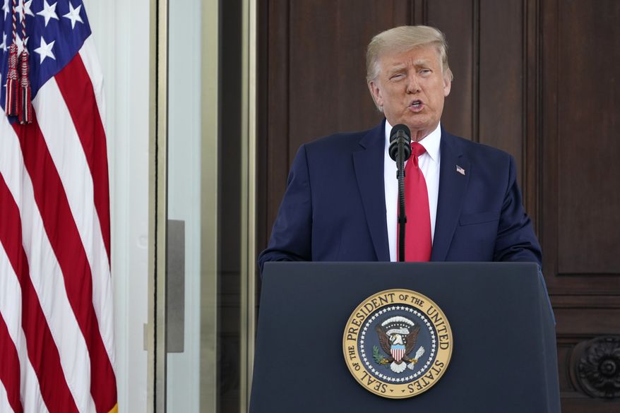 President Donald Trump speaks during a news conference on the North Portico of the White House, Monday, Sept. 7, 2020, in Washington. (AP Photo/Patrick Semansky)