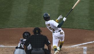 Oakland Athletics Tony Kemp hits an RBI double against the Houston Astros during the second inning of a baseball game in Oakland, Calif., Monday, Sept. 7, 2020. (AP Photo/Jed Jacobsohn)