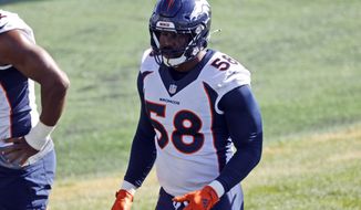 Denver Broncos linebacker Von Miller takes part in drills during NFL football practice Thursday, Sept. 3, 2020, in Englewood, Colo. (AP Photo/David Zalubowski)