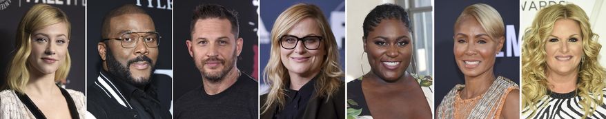 In this combination photo of celebrities with birthdays from Sept. 13-19, Lili Reinhart, from left, attends the 35th Annual Paleyfest for "Riverdale" on March 25, 2018, in Los Angeles, Tyler Perry attends the premiere of Tyler Perry's "A Fall from Grace" on Jan. 13, 2020, in New York, Tom Hardy attends a photo call for "Venom" on Sept. 27, 2018, in Los Angeles, Amy Poehler attends the FOX All Star party at the Television Critics Association Winter press tour on Jan. 7, 2020, in Pasadena, Calif., Danielle Brooks attends the Christian Siriano Runway Show during New York Fashion Week on Feb. 9, 2019, in New York, Jada Pinkett Smith attends the premiere of "Gemini Man" on Oct. 6, 2019, in Los Angeles and Trisha Yearwood arrives at the 53rd annual CMA Awards on Nov. 13, 2019, in Nashville, Tenn. (AP Photo)