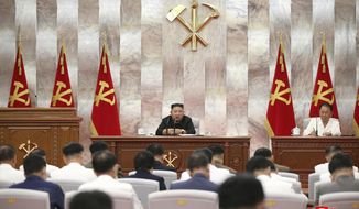 In this photo provided by the North Korean government, North Korea leader Kim Jong Un speaks during a Workers’ Party meeting in Pyongyang, North Korea, Tuesday, Sept. 8, 2020. Kim during the high-level political conference called for urgent efforts to rebuild thousands of homes and other structures destroyed by Typhoon Maysak that slammed the country’s eastern region last week, state media said Wednesday, Sept. 9. Independent journalists were not given access to cover the event depicted in this image distributed by the North Korean government. The content of this image is as provided and cannot be independently verified. Korean language watermark on image as provided by source reads: &amp;quot;KCNA&amp;quot; which is the abbreviation for Korean Central News Agency. (Korean Central News Agency/Korea News Service via AP)
