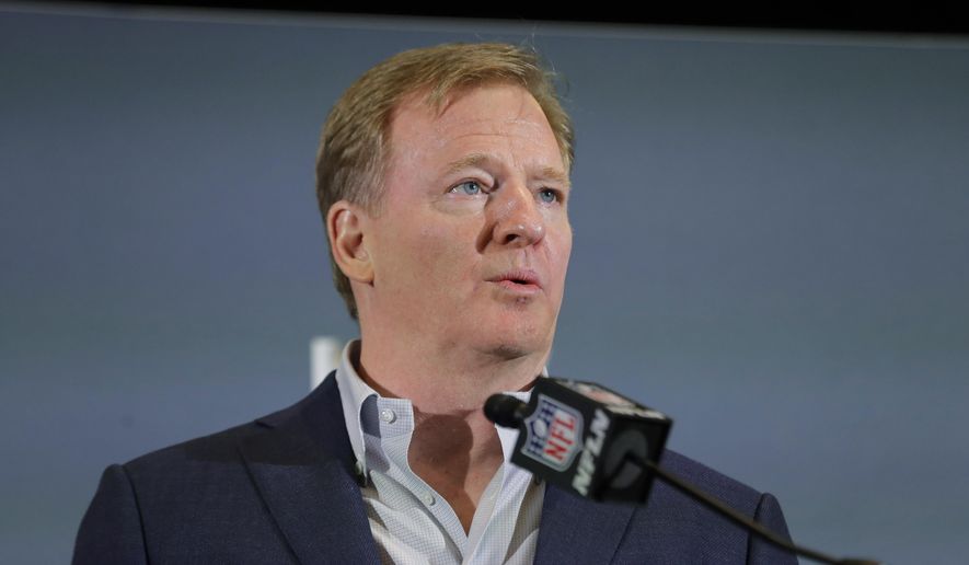 In this Feb. 3, 2020, file photo NFL Commissioner Roger Goodell speaks during a news conference in Miami. “The NFL stands with the Black community, the players, clubs and fans,” NFL Goodell said last week. “Confronting recent systemic racism with tangible and productive steps is absolutely essential. We will not relent in our work.” (AP Photo/Brynn Anderson, File) **FiLE**