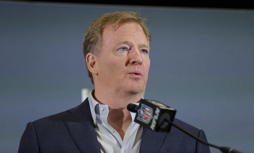 In this Feb. 3, 2020, file photo NFL Commissioner Roger Goodell speaks during a news conference in Miami. “The NFL stands with the Black community, the players, clubs and fans,” NFL Goodell said last week. “Confronting recent systemic racism with tangible and productive steps is absolutely essential. We will not relent in our work.” (AP Photo/Brynn Anderson, File) **FiLE**