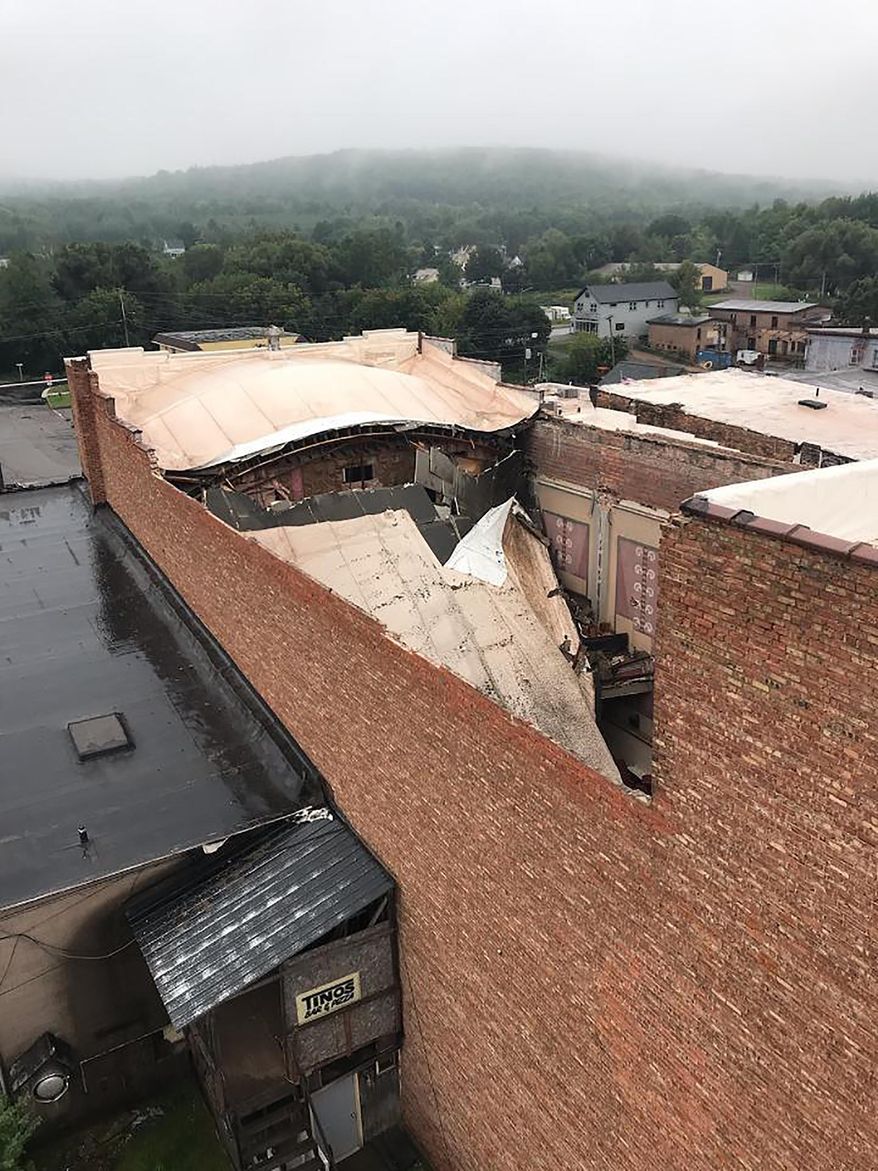 This undated photo provided by the City of Negaunee, Mich., shows the collapsed roof at the 94-year-old Vista Theater in Negaunee. The roof at the theater likely collapsed Wednesday, Aug. 26, 2020, because of a drain failure while rain fell. Diane Darlington of the Vista Theater Advisory Board says she hopes to “have a solution as soon as possible.” The Vista, which offers movies and live theater, opened in 1926. Local residents formed the Peninsula Arts Appreciation Council in 1973 and took over operations. (Photo courtesy of the City of Negaunee, Michigan via AP)