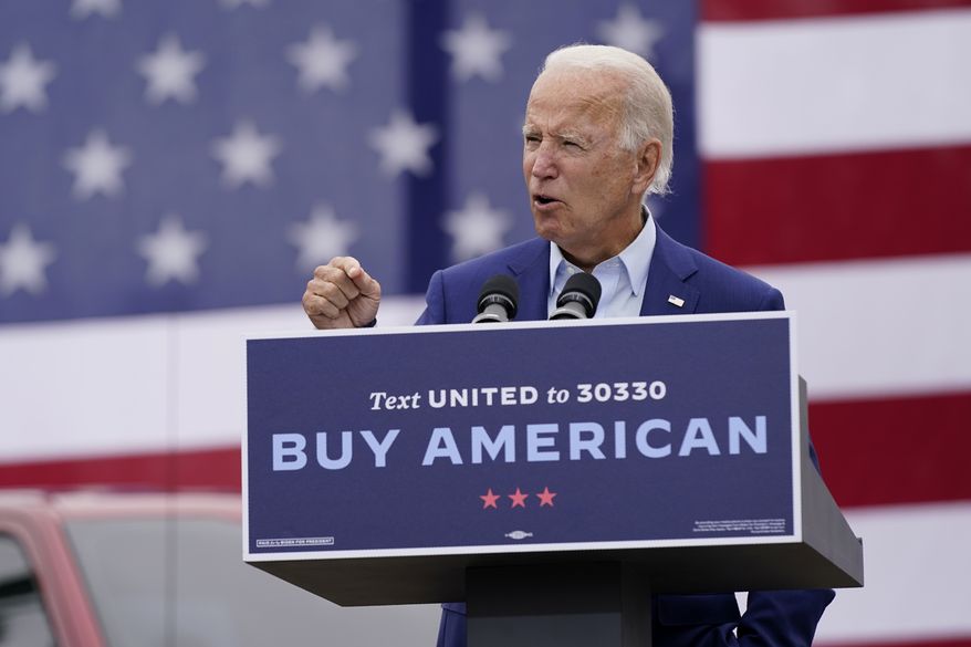 Democratic presidential candidate former Vice President Joe Biden speaks at a campaign event on manufacturing and buying American-made products at UAW Region 1 headquarters in Warren, Mich., Wednesday, Sept. 9, 2020. (AP Photo/Patrick Semansky)