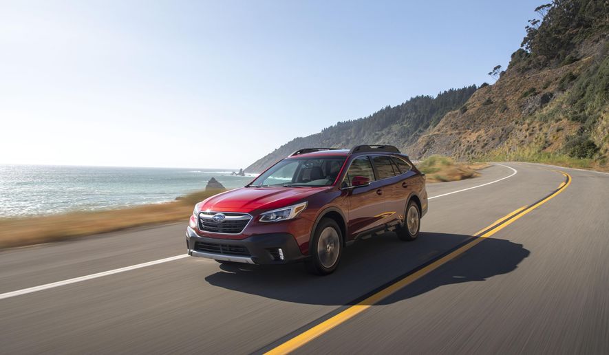This undated photo from Subaru shows the Outback, a midsize crossover with a maximum towing capacity of 3,500 pounds, which is suitable for decently sized boats and campers. (Courtesy of Subaru of America via AP)