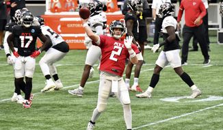 Atlanta Falcons quarterback Matt Ryan (2) throws the ball during an NFL football training camp practice Thursday, Sept. 3, 2020, in Atlanta. (Hyosub Shin/Atlanta Journal-Constitution via AP)