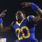 FILE - Los Angeles Rams cornerback Jalen Ramsey celebrates the team&#39;s win over the Chicago Bears in an NFL football game Sunday, Nov. 17, 2019 in Los Angeles. Jalen Ramsey will become the highest-paid defensive back in NFL history after agreeing to a five-year, $105 million contract extension with the Rams. The extension announced Wednesday, Sept. 9, 2020, includes $71.2 million, the most guaranteed money ever given to a defensive back, according to Ramsey&#39;s agent, David Mulugheta.(AP Photo/Kyusung Gong, File)
