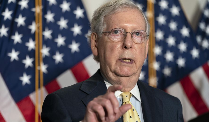 Senate Majority Leader Mitch McConnell of Ky., speaks after meeting with Senate Republicans, Wednesday, Sept. 9, 2020, on Capitol Hill in Washington. (AP Photo/Jacquelyn Martin) ** FILE **