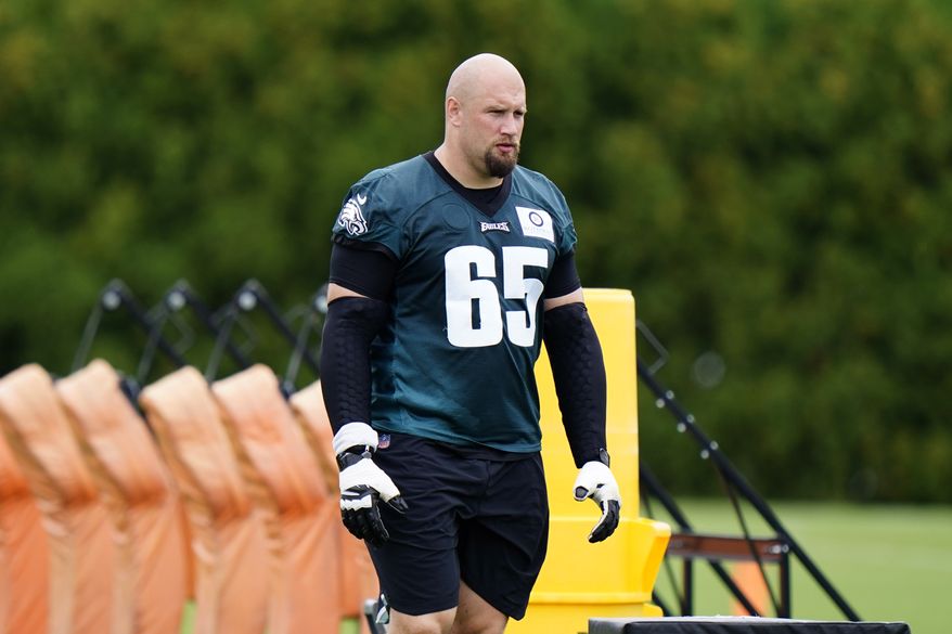 Philadelphia Eagles' Lane Johnson walks the field before practice at the NFL football team's facility, Thursday, Sept. 10, 2020, in Philadelphia. (AP Photo/Matt Slocum)