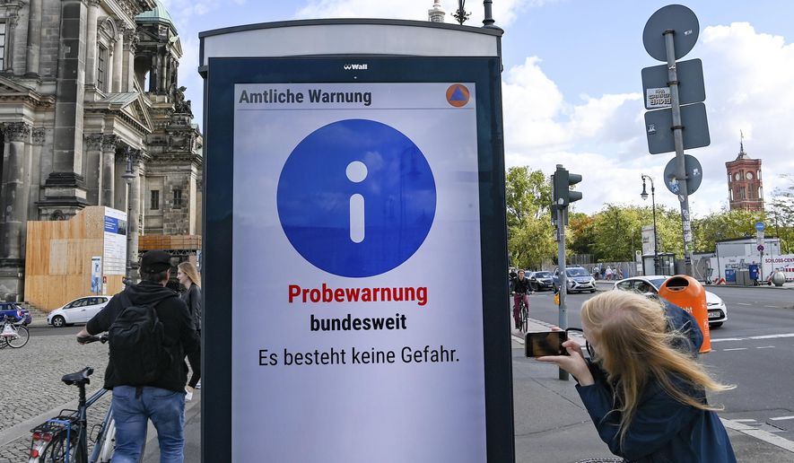 &amp;quot;Trial warning nationwide. There is no danger&amp;quot; is written at the first nationwide warning day on an information board in Berlin, Germany, Thursday, Sept. 10, 2020. For the first time in 30 years, Germany was planning a nationwide test of sirens on Thursday morning _ only the alarm didn&#39;t go off in some places and push alerts never arrived or popped up late on many users&#39; smart phones.  (Jens Kalaene/dpa via AP)
