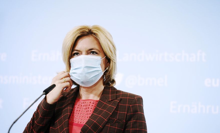 Julia Kloeckner, Federal Minister of Food and Agriculture, speaks at a press conference. Following a suspected case of African swine fever in Brandenburg, the Minister informed about the results of the analysis after examining a sample of the carcass. The animal disease has been detected for the first time in Germany, Kloeckner confirmed. (Kay Nietfeld/dpa via AP)