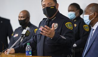 Houston Police chief Art Acevedo announces the department&#39;s findings in an April 21 officer-involved fatal shooting of Nicolas Chavez, during a press conference at the Edward A. Thomas building on Thursday, Sept. 10, 2020, in Houston. (Godofredo A. Vásquez/Houston Chronicle via AP)