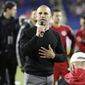 FILE - In this Oct. 28, 2018, file photo, New York Red Bulls head coach Chris Armas speaks to the fans after an MLS soccer match against Orlando City in Harrison, N.J. New York Red Bulls have fired coach Chris Armas after a little more than two years on the job. The MLS team also said Friday, Sept. 4, 2020, that assistant coach CJ Brown will not be back. (AP Photo/Steve Luciano, File)