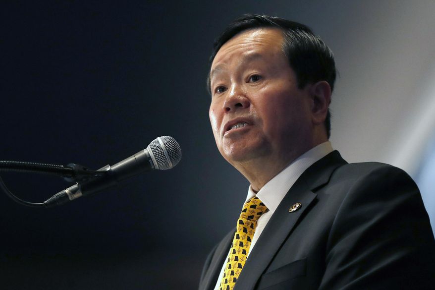 FILE - In this Dec. 10, 2019 file photo, University of Missouri system president Mun Choi speaks during a news conference in Columbia, Mo. The leader of the University of Missouri system and chancellor of its flagship Columbia campus is backtracking in the face of backlash and a possible lawsuit for blocking critical students on Twitter. Spokesman Christian Basi on Thursday, Sept. 10, 2020, said system President and Columbia Chancellor Mun Choi unblocked the students Wednesday, the same day a lawyer warned he would sue if Choi didn&#39;t do so. (AP Photo/Jeff Roberson File)
