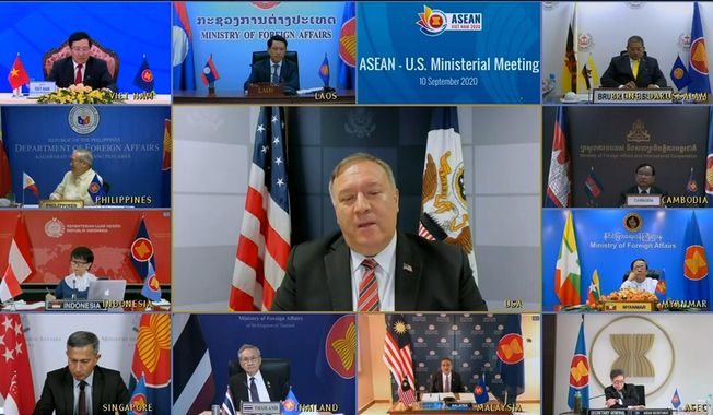 This image taken from video provided by VTV shows U.S. Secretary of State Mike Pompeo speaking during an online meeting with ASEAN foreign ministers on Thursday, Sept. 10, 2020. During the meeting, Pompeo slashed out on China saying Beijing does not respect fundamental democratic values and urged ASEAN nations to act against China&#x27;s dominance. (VTV via AP)